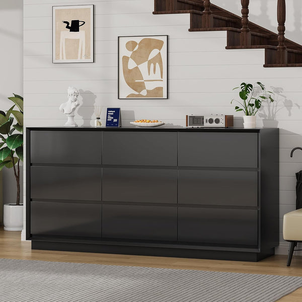 Akaber US 63'' Black Dresser for Bedroom, Glossy Large Dresser with 9 Deep Chests of Drawers for Bedroom, Living Room, Closet