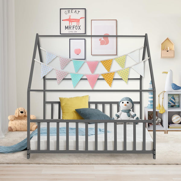 Gray Full Size Wood Floor Bed, Twin Size Low House Playhouse Bed with Headboard and Footboard, Toddler Floor Bed Frame for Boys, Girls, Easy Assembly, No Box Spring Needed