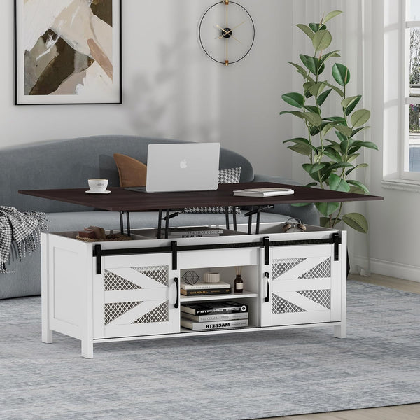 47.2" Lift Top Coffee Table, 4 in 1 Farmhouse Coffee Table with Sliding Barn Door, Coffee Tables for Living Room, Dining Room