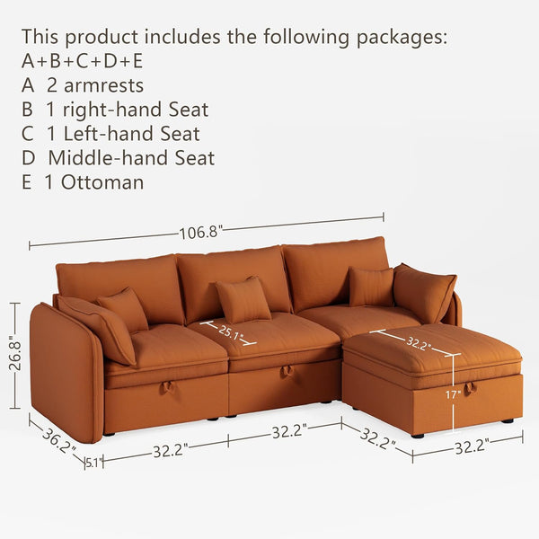 Akaber Modular Sectional Sofa, 107 Inch L Shaped Couch with Movable Storage Ottoman, 25 Inch Deep Seat, Cloud Couches for Living Room, Orange