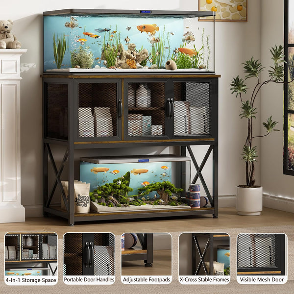 40 Gallon Fish Tank Stand with Power Outlets, Metal Aquarium Stand with 4 in 1 Storage Shelves for Accessories Storage, Reptile Tank Turtle Terrariums Table, 1060 LBS Capacity