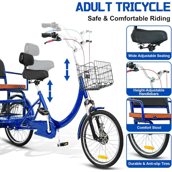 Linor Adult Tricycle with Rear Seats, 20" 3-Wheel, Front and Rear Baskets, Trike for Seniors, Blue