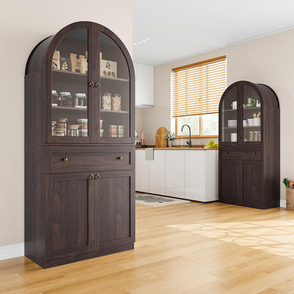 Akaber US 71" Tall Arched Kitchen Pantry Cabinet with Glass Doors, Modern Kitchen Storage Cabinets with Adjustable Shelves and Drawer, Wooden Storage Pantry Cabinet for Living Room, Dining Room