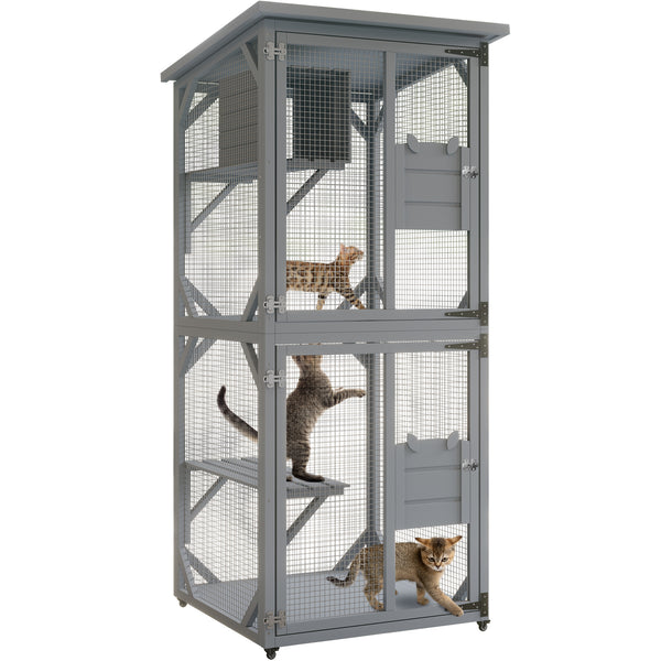 Outdoor Cat Enclosure with 3 Platforms, Outdoor Cat House with Fir Wood, 4 * 360° Wheels(3-Platform)
