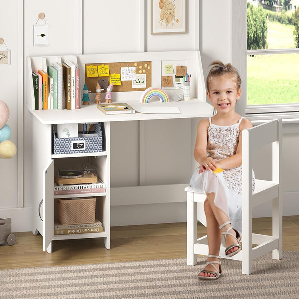 White Kids Study Desk with Chair, Wooden Kids Study Desk and Chair Set, Study Table for Boys and Girls, Kids Computer with Storage Drawers, Bookshelf and Bullentin Board