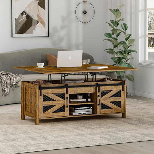 Linor 47.2" Lift Top Coffee Table, 4 in 1 Farmhouse Coffee Tables with Sliding Barn Door, Brown