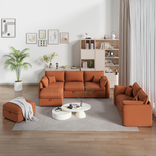 Akaber Modular Sectional Sofa, 107 Inch L Shaped Couch with Movable Storage Ottoman, 25 Inch Deep Seat, Cloud Couches for Living Room, Orange