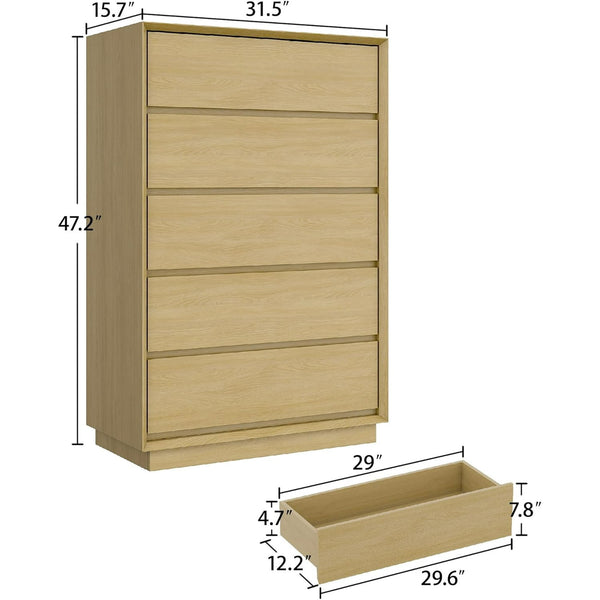 Akaber US 47'' Tall Dresser for Bedroom, Rustic Wood Dresser with 5 Deep Chests of Drawers for Bedroom, Hallway and Entryway