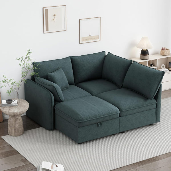 Akaber Modular Sectional Sofa, 107 Inch Couch with Movable Storage Ottoman, 25 Inch Deep Seat, Cloud Couches for Living Room, Grayish Green