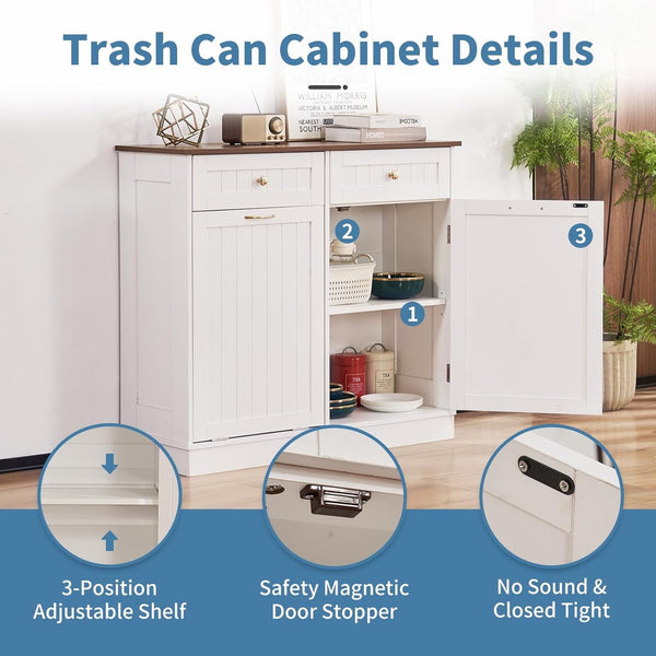 Tilt Out Trash Cabinet 10 Gallon, Kitchen Trash Can Cabinet with Adjustable Shelf & 2 Drawers, Freestanding Trash Cabinet, Recycling Cabinet for Laundry, Living Room, Bathroom
