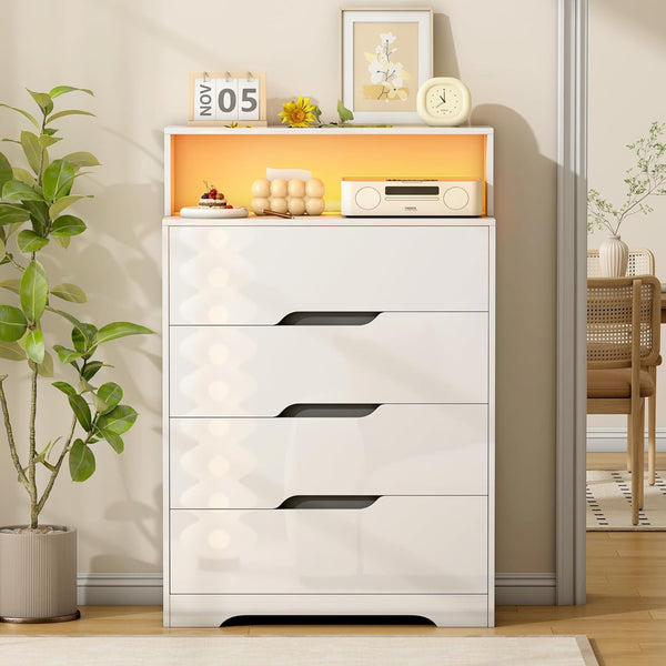 Akaber US 4 Drawer Dresser, 47.2" Modern Dresser and Chests of Drawers with LED Lights, Tall Chest of Drawers with Charging Station for Bedroom, Living Room