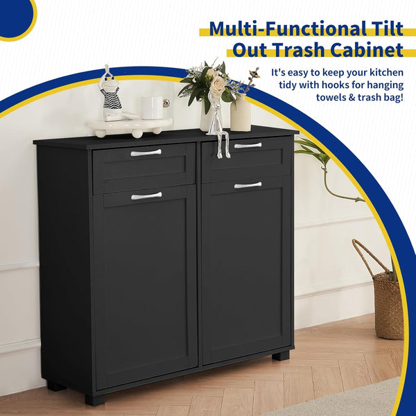 10 Gallon Double Tilt Out Trash Cabinet, ICEELF Kitchen Trash Can Cabinet, Dog Proof Tilt Out Trash Bin Holder, Free Standing Recycling Cabinet with 2 Hideaway Drawers for Kitchen Living Room