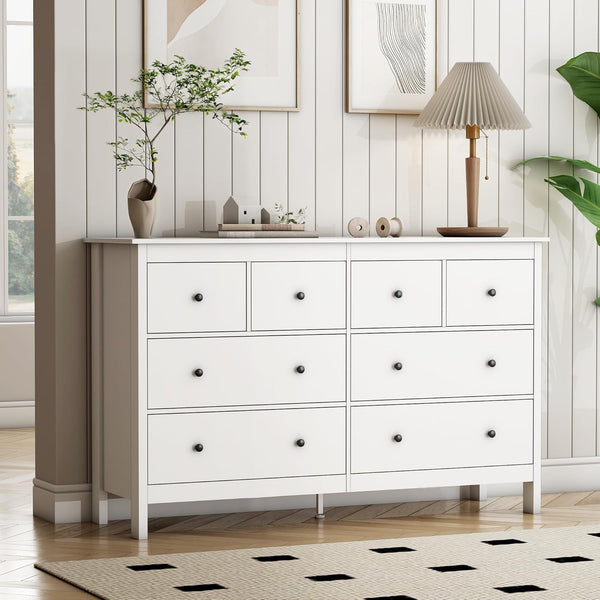 8 Drawer Dresser, 50" Modern White Dressers & Chests of Drawers, Adult 8 Drawers Wide Wood Dresser for Bedroom, Living Room
