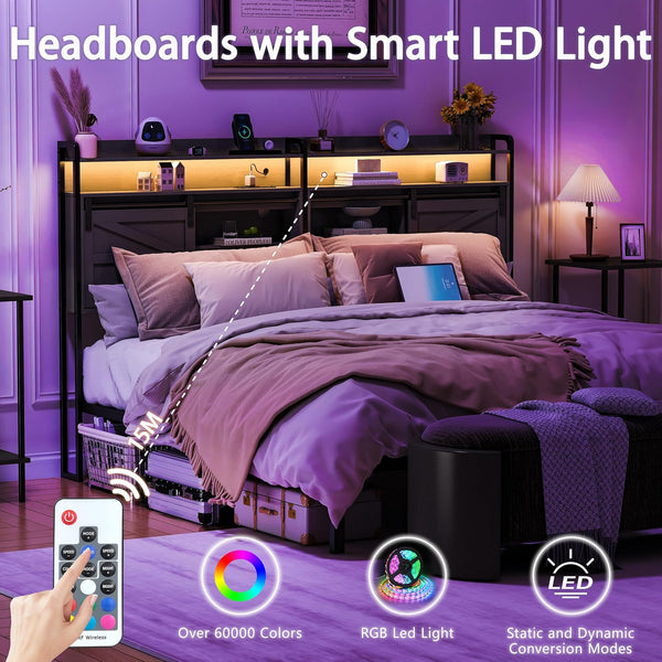 King Size Headboard with Storage, 3-Tier King Headboard with Outlets, USB Ports and LED Light, Storage King Size Headboard Only with Sliding Barn Doors, Width Adjustable