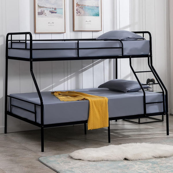 Twin Over Full Bunk Bed Frame, Bunk Beds Twin Over Full with Guardrail & Ladder for Boys, Girls, Teens, Space-Saving, No Box Spring Needed, Noise Free