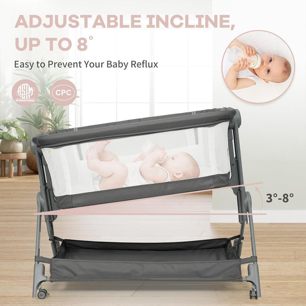 Wanan Bassinets Bedside Sleeper, Baby Bassinet One-Button Folding Portable Bedside Bassinets, Breathable Mesh and Soft Mattress, Adjustable Height Baby Crib with Storage Basket and Wheels for Newborn