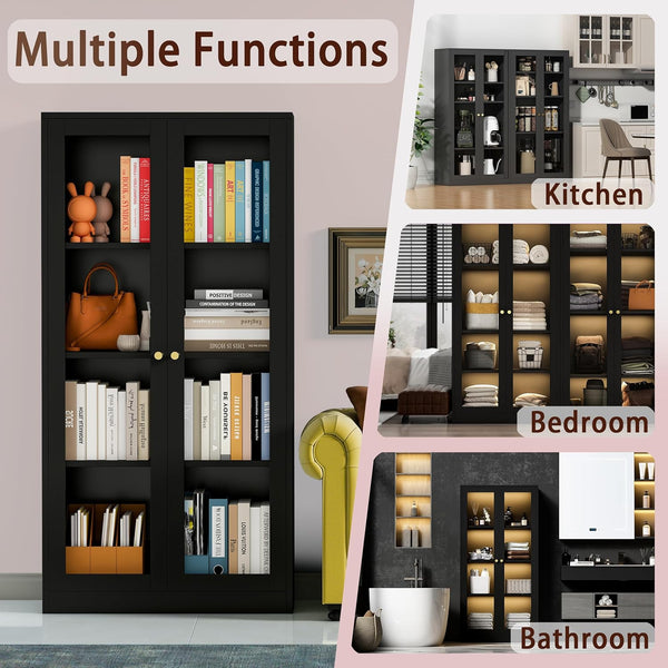 63'' Display Cabinet, Glass Display Cabinet with LED Light, 3 Adjustable Shelves
