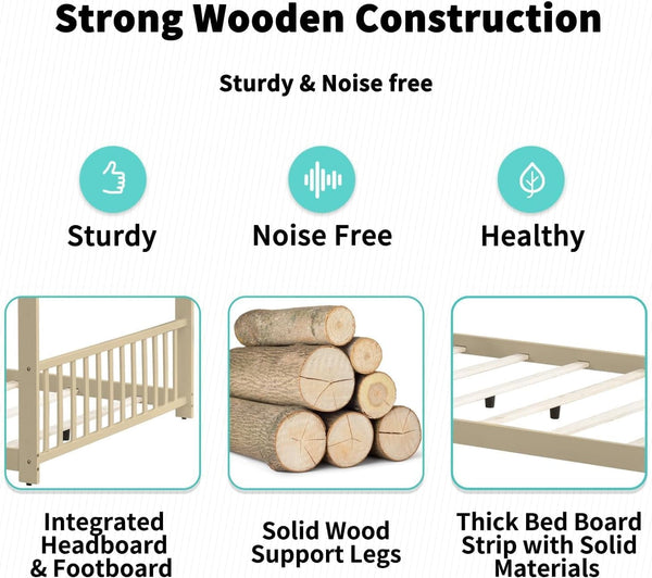 Twin Size Wood Floor Bed, Twin Size Low House Playhouse Bed with Headboard and Footboard, Toddler Floor Bed Frame for Boys, Girls, Easy Assembly, No Box Spring Needed
