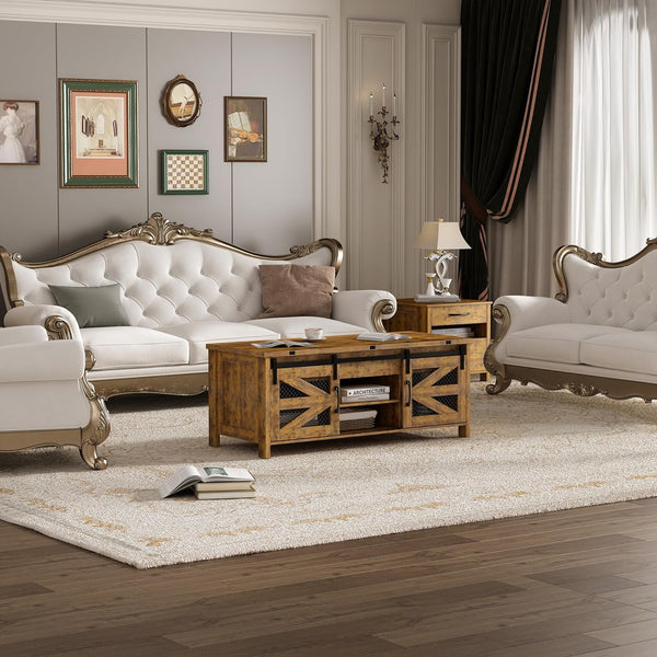 Linor 47.2" Lift Top Coffee Table, 4 in 1 Farmhouse Coffee Tables with Sliding Barn Door, Brown