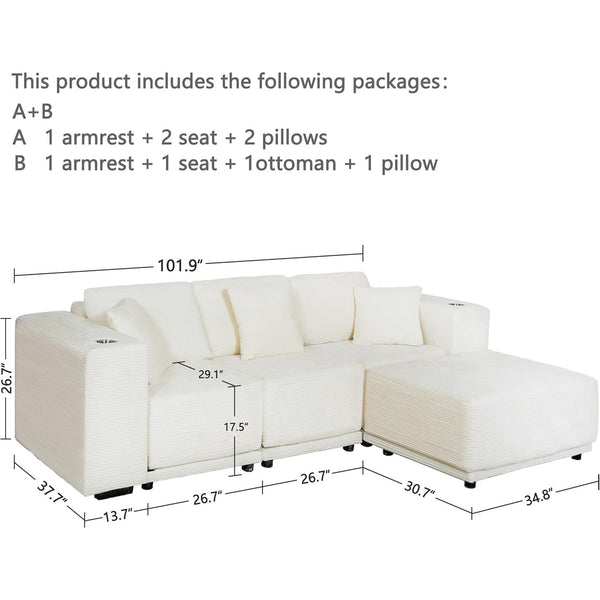 Akaber 101" Modular Sectional Sofa with L-Shape Chaise, 3-Seater Comfy Cloud Couch with Movable Ottoman, Deep Seat Couches for Living Room with Throw Pillows, White