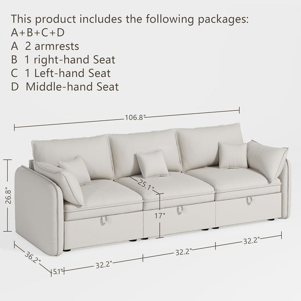 Akaber Modular Sectional Sofa, 107 Inch Couch with Movable Storage Ottoman, 25 Inch Deep Seat, Cloud Couches for Living Room, Beige