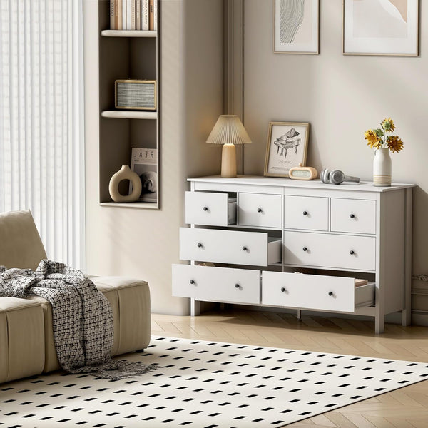 8 Drawer Dresser, 50" Modern White Dressers & Chests of Drawers, Adult 8 Drawers Wide Wood Dresser for Bedroom, Living Room