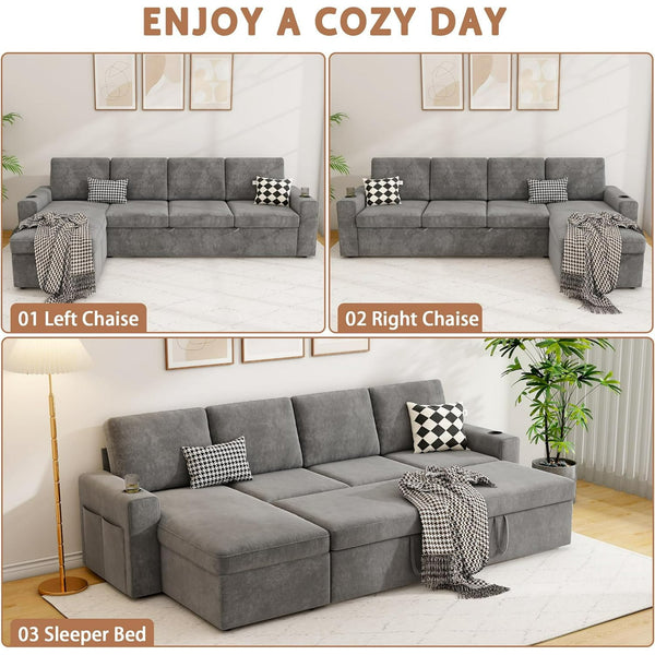 Akaber 103" Sleeper Sofa, L-Shaped Sectional Sofa Bed with Storage Chaise, Reversible 2 in 1 Pull Out Couch with Cup Holders for Living Room, 4-Seater,Grey