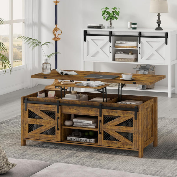 Linor 47.2" Lift Top Coffee Table, 4 in 1 Farmhouse Coffee Tables with Sliding Barn Door, Brown
