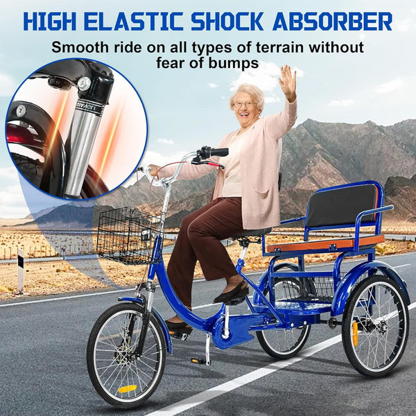 Linor Adult Tricycle with Rear Seats, 20" 3-Wheel, Front and Rear Baskets, Trike for Seniors, Blue