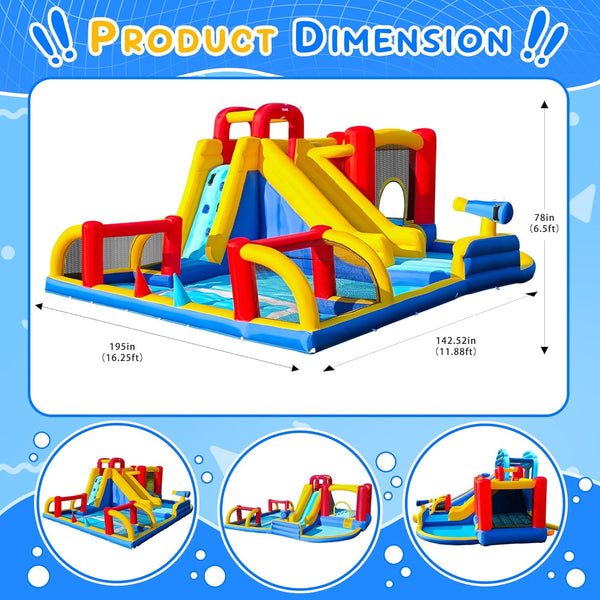 Akaber Inflatable Water Slide for Kids, Summer 8-in-1 Giant Water Park with Bounce House, Basketball Hoop, Soccer Zone, Climbing Wall, Pool & Slide, Blow Up in 2 Mins for Backyard Outdoor Fun