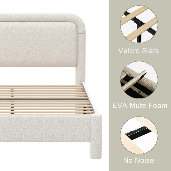 Akaber Full Bed Frame, Upholstered Bed Frame with Rounded Corners, Soft Cloud Bed Frame in Modern Style, Noise-Free Structure, Easy Assembly, Cream
