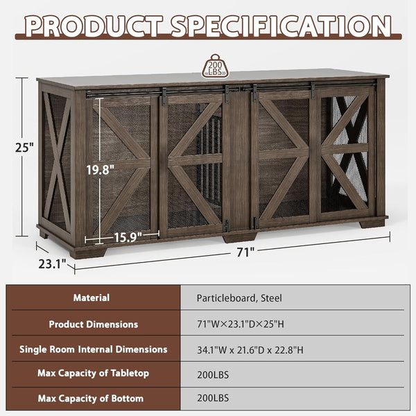 Akaber 71 Inch Double Dog Crate for 2 Dogs，Farmhouse Furniture Style Indoor Heavy Duty Steel Frame Kennel with Sliding Doors & Adjustable Divider, Dark Walnut