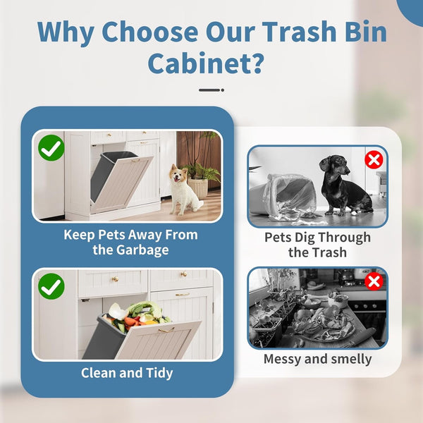 Tilt Out Trash Cabinet 10 Gallon, Kitchen Trash Can Cabinet with Adjustable Shelf & 2 Drawers, Freestanding Trash Cabinet, Recycling Cabinet for Laundry, Living Room, Bathroom