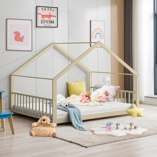 Twin Size Wood Floor Bed, Twin Size Low House Playhouse Bed with Headboard and Footboard, Toddler Floor Bed Frame for Boys, Girls, Easy Assembly, No Box Spring Needed