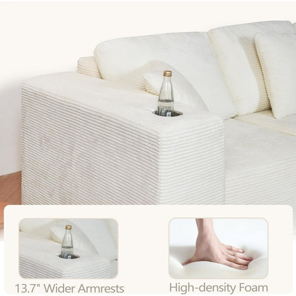 Akaber 101" Modular Sectional Sofa with L-Shape Chaise, 3-Seater Comfy Cloud Couch with Movable Ottoman, Deep Seat Couches for Living Room with Throw Pillows, White