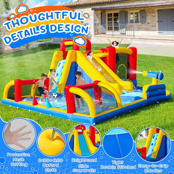 Akaber Inflatable Water Slide for Kids, Summer 8-in-1 Giant Water Park with Bounce House, Basketball Hoop, Soccer Zone, Climbing Wall, Pool & Slide, Blow Up in 2 Mins for Backyard Outdoor Fun