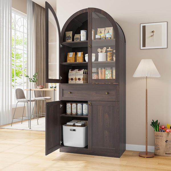 Akaber US 71" Tall Arched Kitchen Pantry Cabinet with Glass Doors, Modern Kitchen Storage Cabinets with Adjustable Shelves and Drawer, Wooden Storage Pantry Cabinet for Living Room, Dining Room