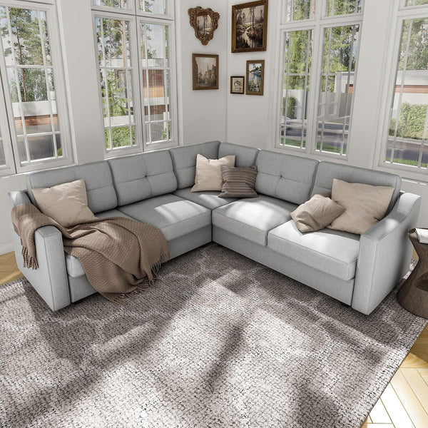 5 Seater Convertible Sectional Sofa, Linor L Shaped Sofa Couch for Living Room, Small Apartment, Reversible Sectional Couch, Light Grey