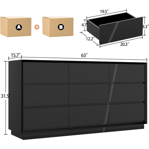 Akaber US 63'' Black Dresser for Bedroom, Glossy Large Dresser with 9 Deep Chests of Drawers for Bedroom, Living Room, Closet