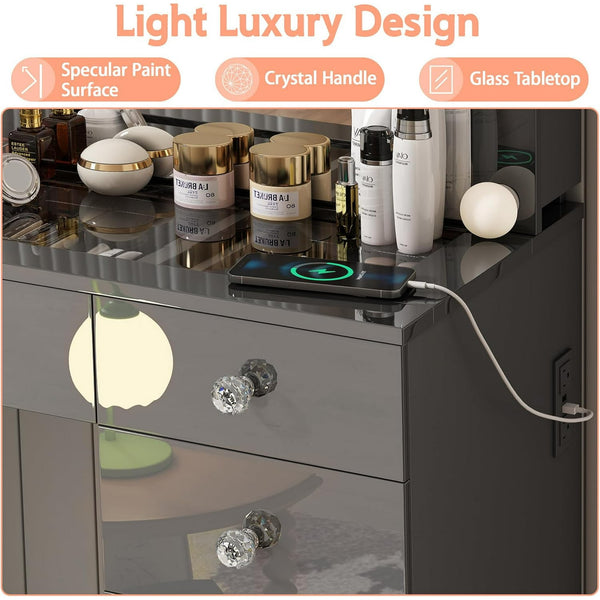 Linor Vanity Desk with Power Outlet, Makeup Vanity with Mirror and 14 LED Light, 3 Lighting Modes,11 Drawer Vanity Table with Sliding Jewelry Storage, Glass Top, Specular Surface, Black