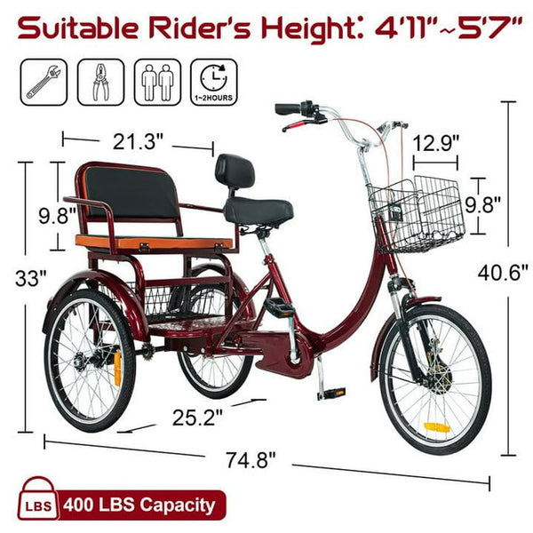Linor Adult Tricycle with Rear Seats, 20" 3-Wheel, Front and Rear Baskets, Trike for Seniors, Red