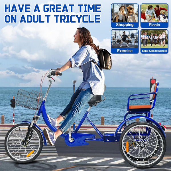 Linor Adult Tricycle with Rear Seats, 20" 3-Wheel, Front and Rear Baskets, Trike for Seniors, Blue