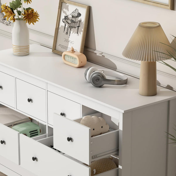 8 Drawer Dresser, 50" Modern White Dressers & Chests of Drawers, Adult 8 Drawers Wide Wood Dresser for Bedroom, Living Room