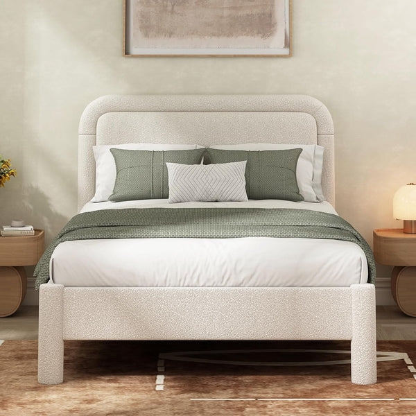 Akaber Full Bed Frame, Upholstered Bed Frame with Rounded Corners, Soft Cloud Bed Frame in Modern Style, Noise-Free Structure, Easy Assembly, Cream