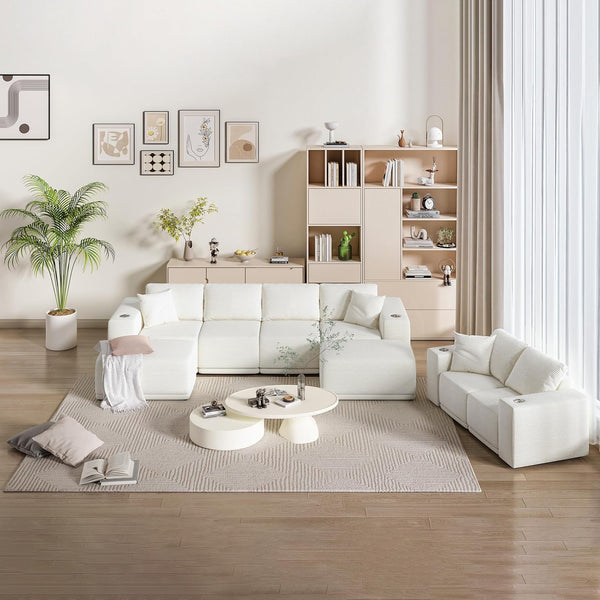 Akaber 101" Modular Sectional Sofa with U-Shape Chaise, 3-Seater Comfy Cloud Couch with Movable Ottoman, Deep Seat Couches for Living Room with Throw Pillows, White