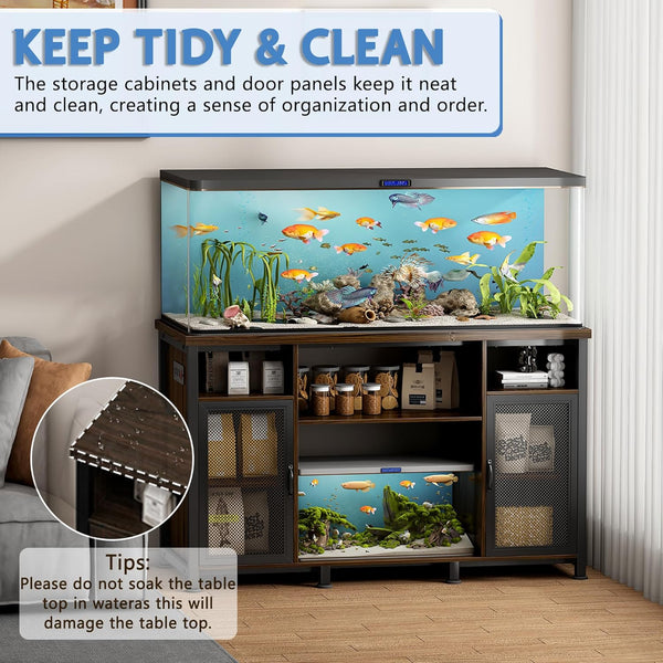 55-75 Gallon Fish Tank Stand with 2-Metal Net Door, Aquarium Stand with Power Outlets and Cabinet for Fish Tank Accessories Storage, Heavy Duty Metal Frame