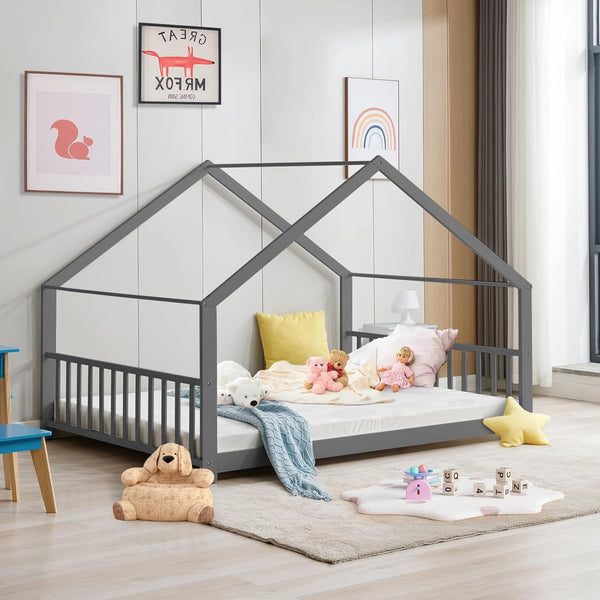 Gray Full Size Wood Floor Bed, Twin Size Low House Playhouse Bed with Headboard and Footboard, Toddler Floor Bed Frame for Boys, Girls, Easy Assembly, No Box Spring Needed