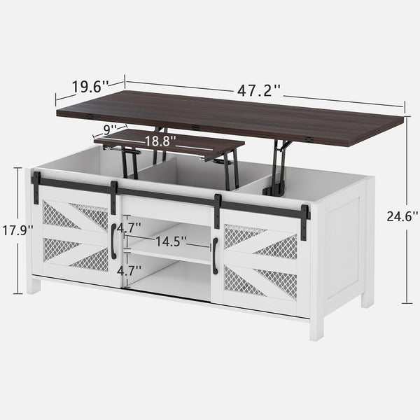 47.2" Lift Top Coffee Table, 4 in 1 Farmhouse Coffee Table with Sliding Barn Door, Coffee Tables for Living Room, Dining Room