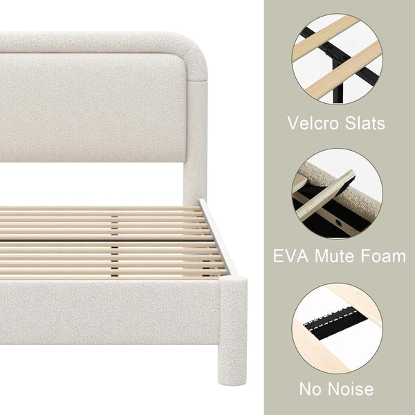 Akaber King Bed Frame, Upholstered Bed Frame with Rounded Corners, Boucle Soft Cloud Bed Frame in Modern Style, Noise-Free Structure, Easy Assembly, Cream