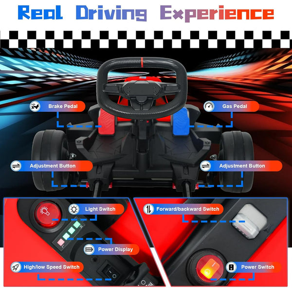 Akaber Electric Go Kart with Adjustable Seat, 24V 9AH Drift Kart with Dual 200W Motors, Crazy Go Cart for Kids Ages 6-12, Licensed BMW, LED Lights, Drift Mode and 2 Speed (Red)